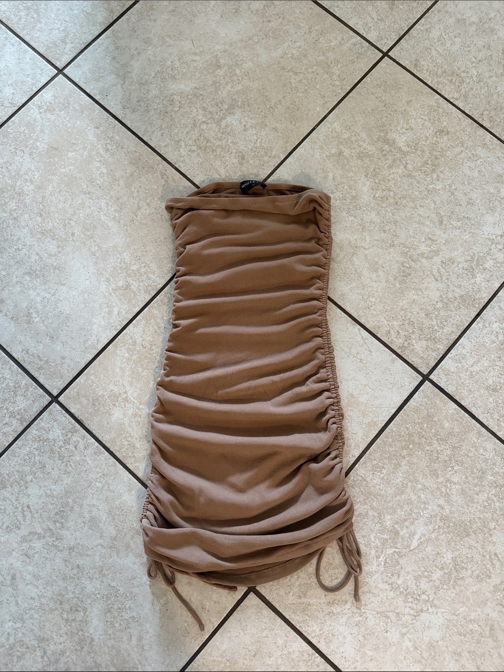 White Fox Boutique Strapless Ruched Midi Dress in Camel Brown